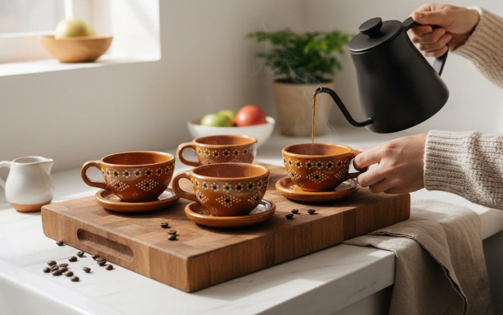 Terra Cotta Mexican Art Pottery Coffee or Tea Cups with Plates Tazas de Barro Artesanales Mexicana con su Platito