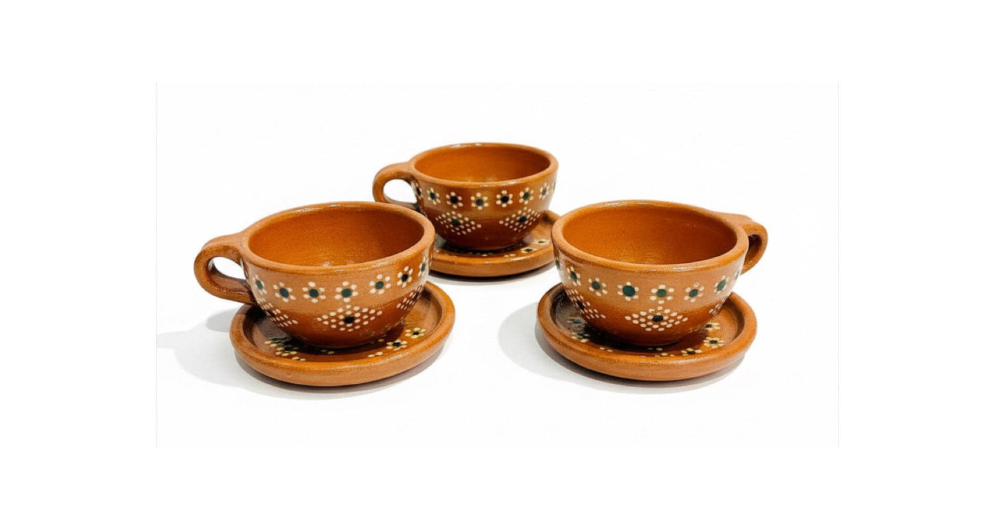Terra Cotta Mexican Art Pottery Coffee or Tea Cups with Plates Tazas de Barro Artesanales Mexicana con su Platito