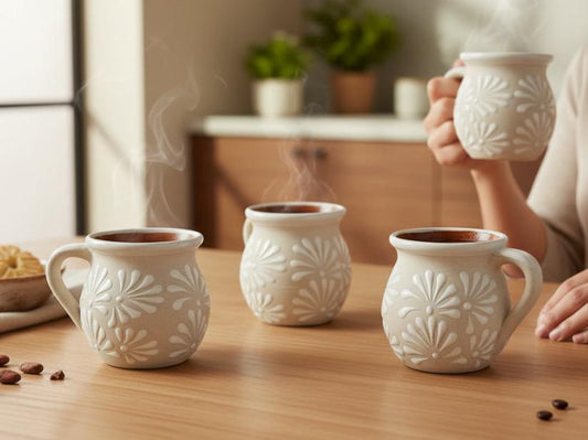 Mexican White Feathered Terra Cota Coffee Cups Tazas de Barro Plumeado Mexicano