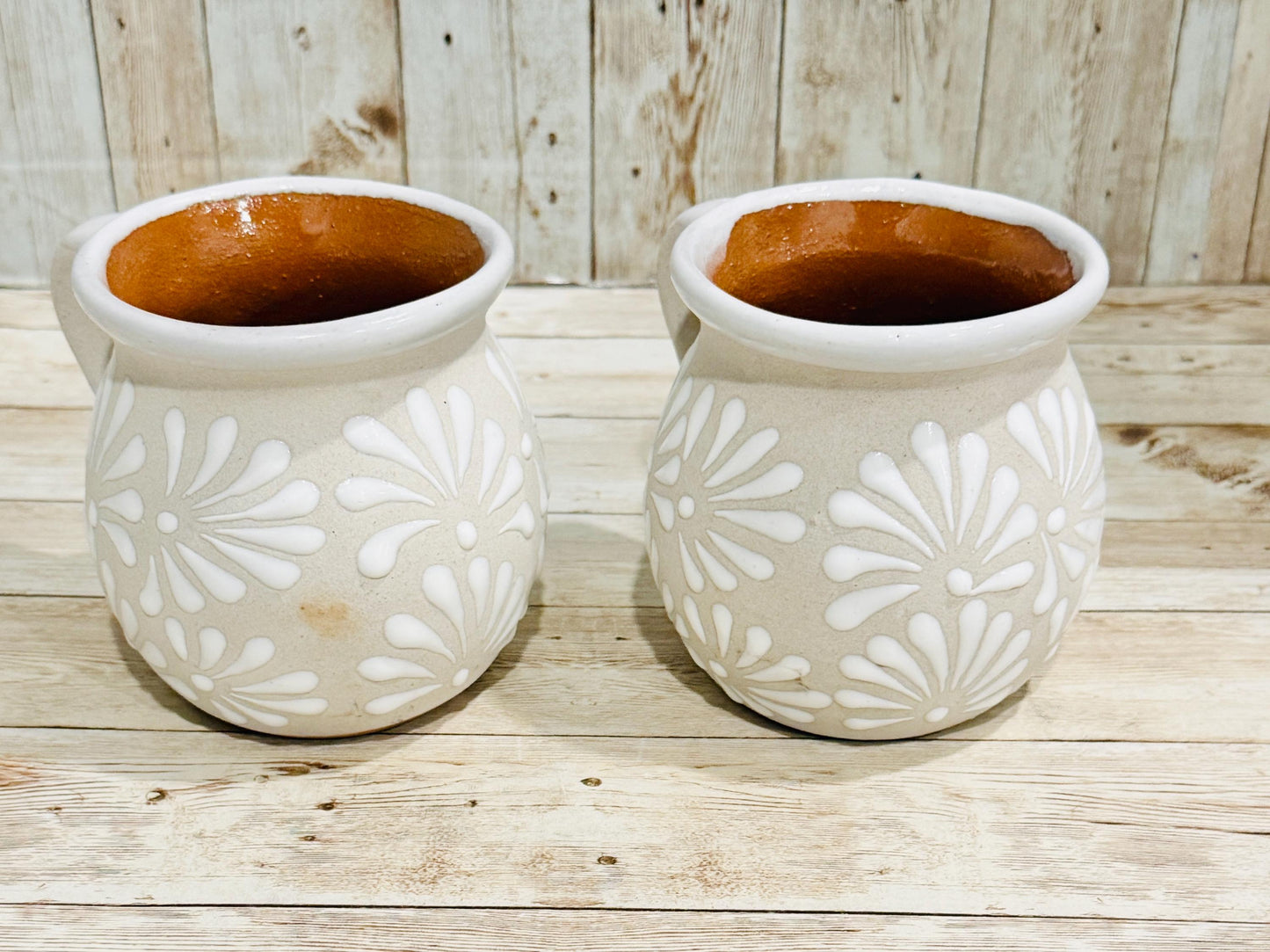 Mexican White Feathered Terra Cota Coffee Cups Tazas de Barro Plumeado Mexicano