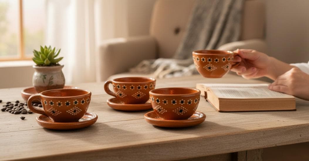 Terra Cotta Mexican Art Pottery Coffee or Tea Cups with Plates Tazas de Barro Artesanales Mexicana con su Platito