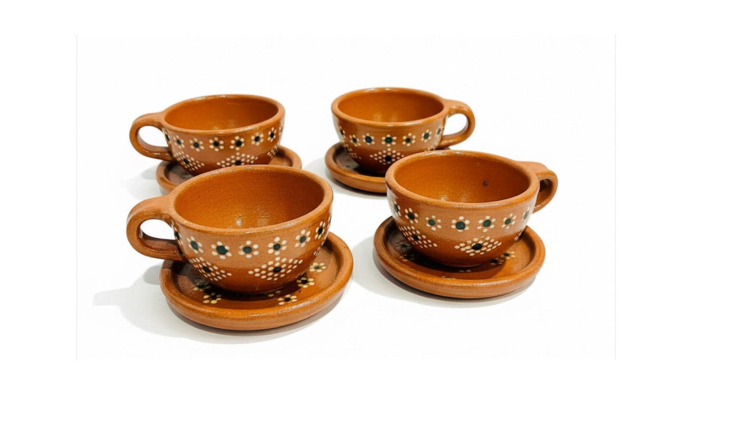 Terra Cotta Mexican Art Pottery Coffee or Tea Cups with Plates Tazas de Barro Artesanales Mexicana con su Platito