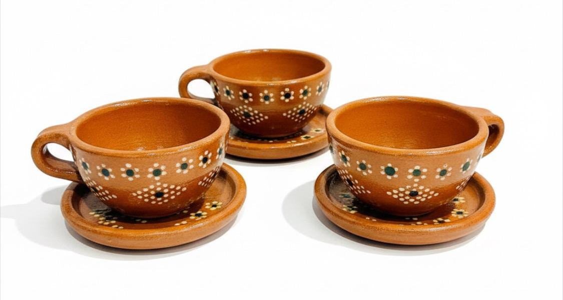 Terra Cotta Mexican Art Pottery Coffee or Tea Cups with Plates Tazas de Barro Artesanales Mexicana con su Platito