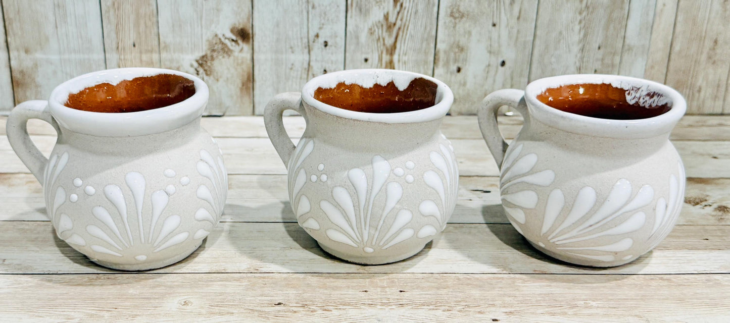 Mexican White Feathered Terra Cota Coffee Cups Tazas de Barro Plumeado Mexicano
