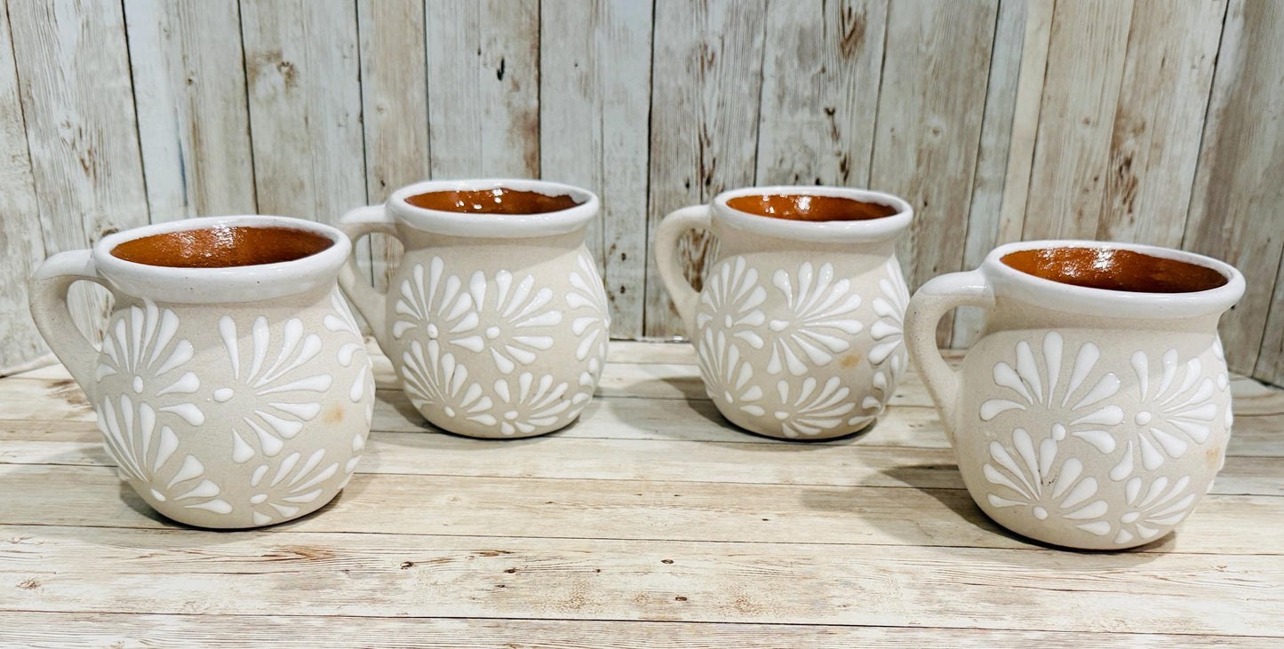 Mexican White Feathered Terra Cota Coffee Cups Tazas de Barro Plumeado Mexicano