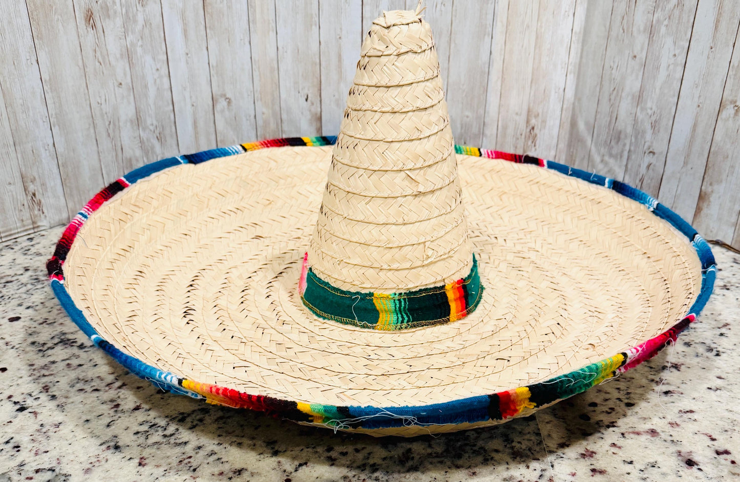 Mexican Extra Large Brim Straw Hat with Serape Trim Sombrero Tradicional Mexicano con Ribete de Sarape