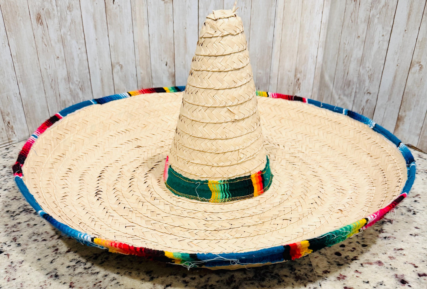 Mexican Extra Large Brim Straw Hat with Serape Trim Sombrero Tradicional Mexicano con Ribete de Sarape