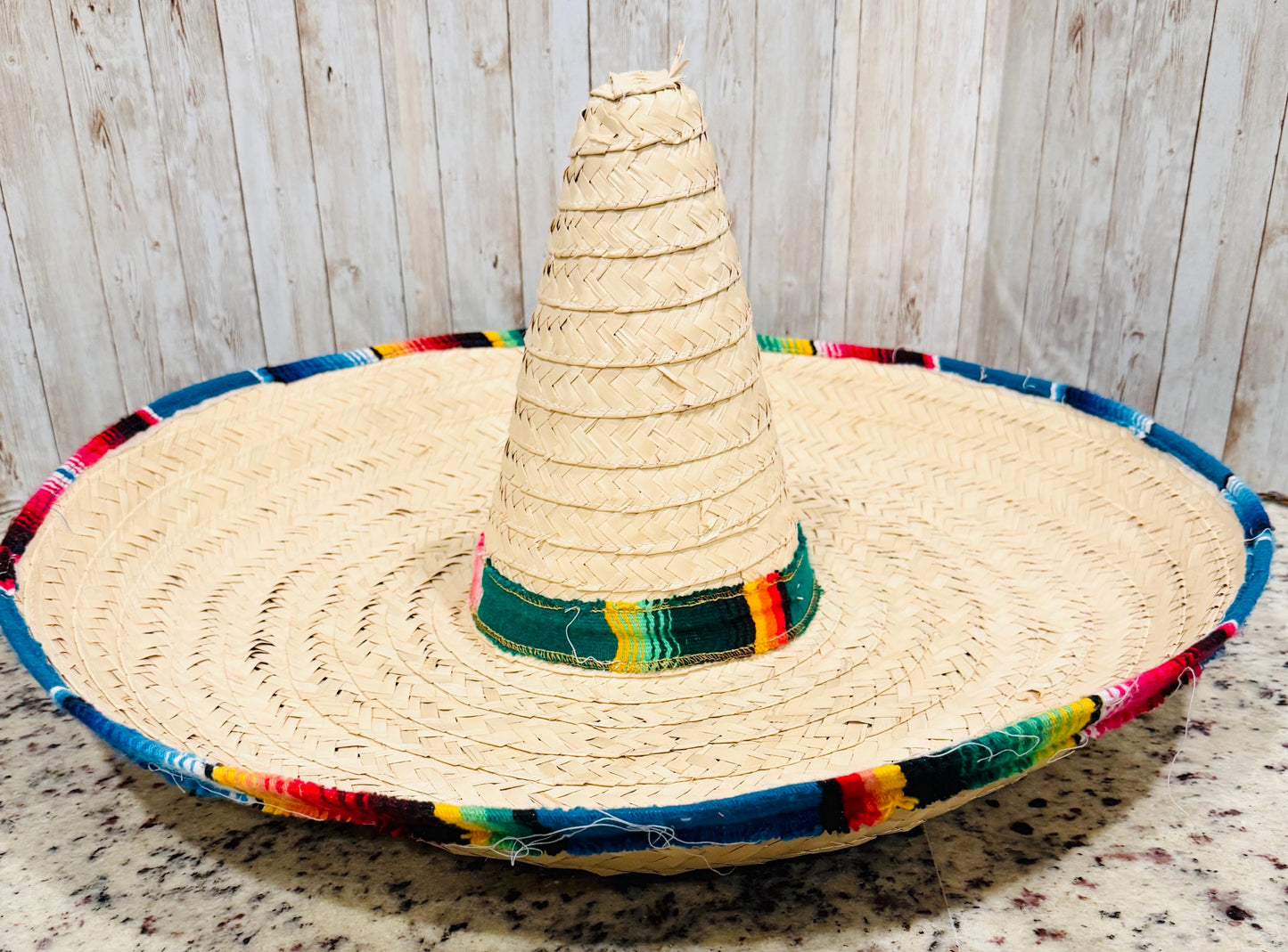 Mexican Extra Large Brim Straw Hat with Serape Trim Sombrero Tradicional Mexicano con Ribete de Sarape