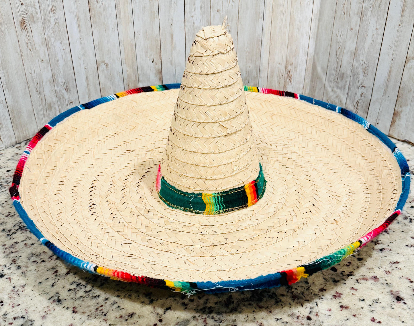 Mexican Extra Large Brim Straw Hat with Serape Trim Sombrero Tradicional Mexicano con Ribete de Sarape