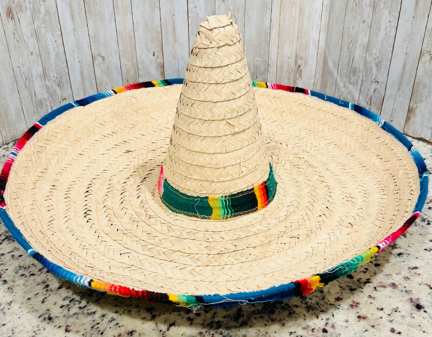 Mexican Extra Large Brim Straw Hat with Serape Trim Sombrero Tradicional Mexicano con Ribete de Sarape