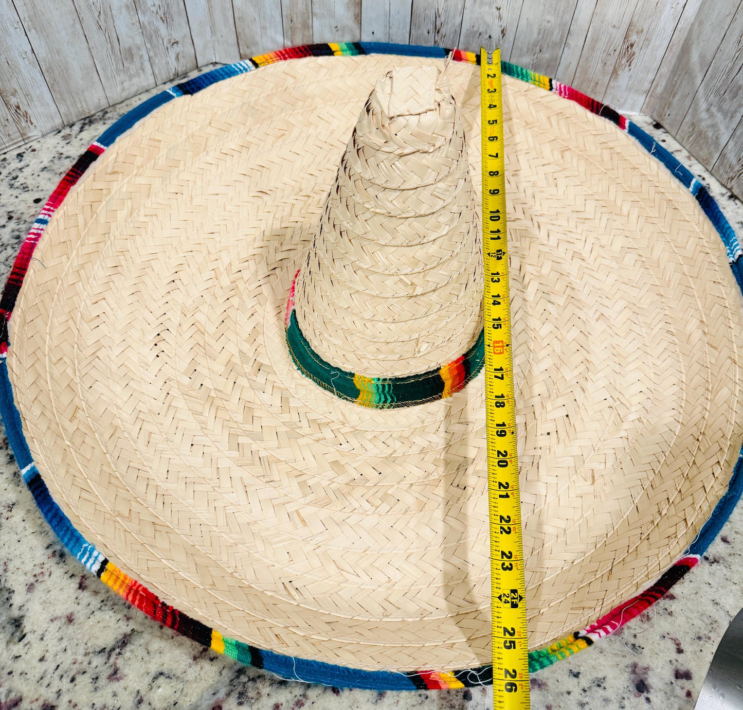 Mexican Extra Large Brim Straw Hat with Serape Trim Sombrero Tradicional Mexicano con Ribete de Sarape