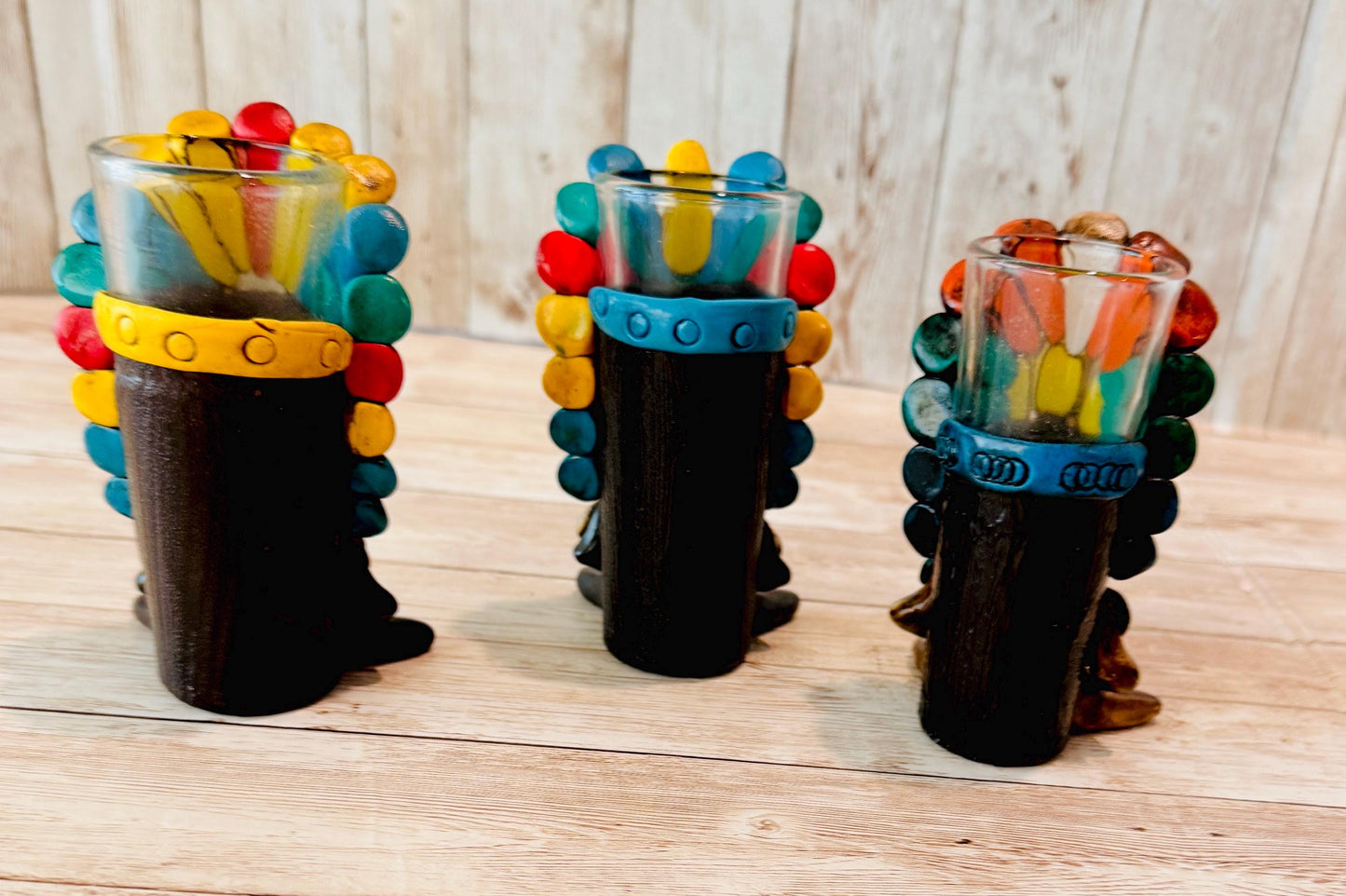 3 Mexican Ceramic Handcrafted Aztec Mayan Warrior Shot Glasses 3 Vasos Tequilero Mexicanos de Azteca Maya
