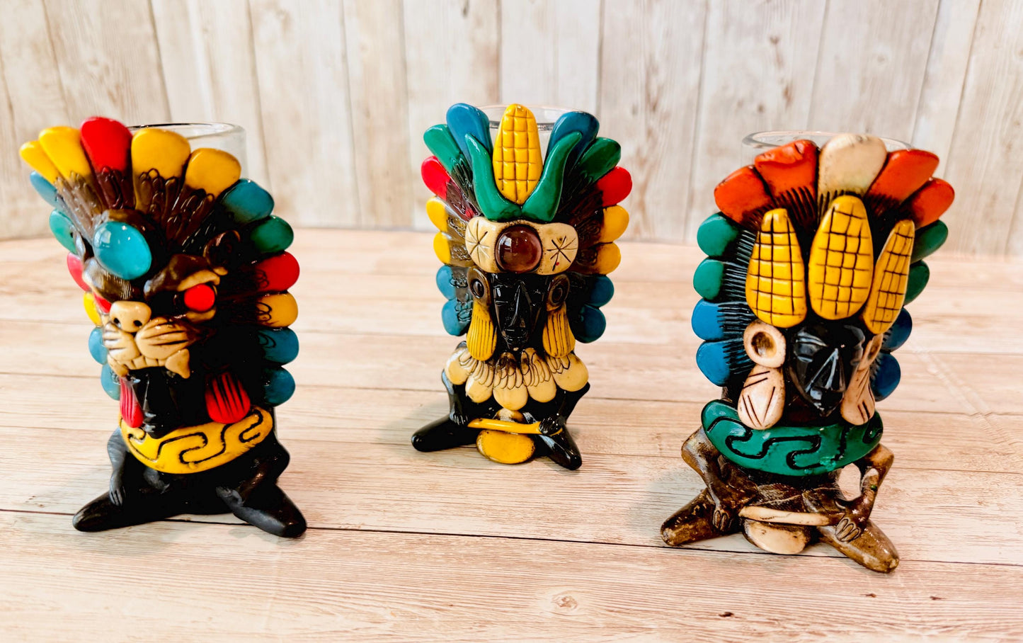 3 Mexican Ceramic Handcrafted Aztec Mayan Warrior Shot Glasses 3 Vasos Tequilero Mexicanos de Azteca Maya