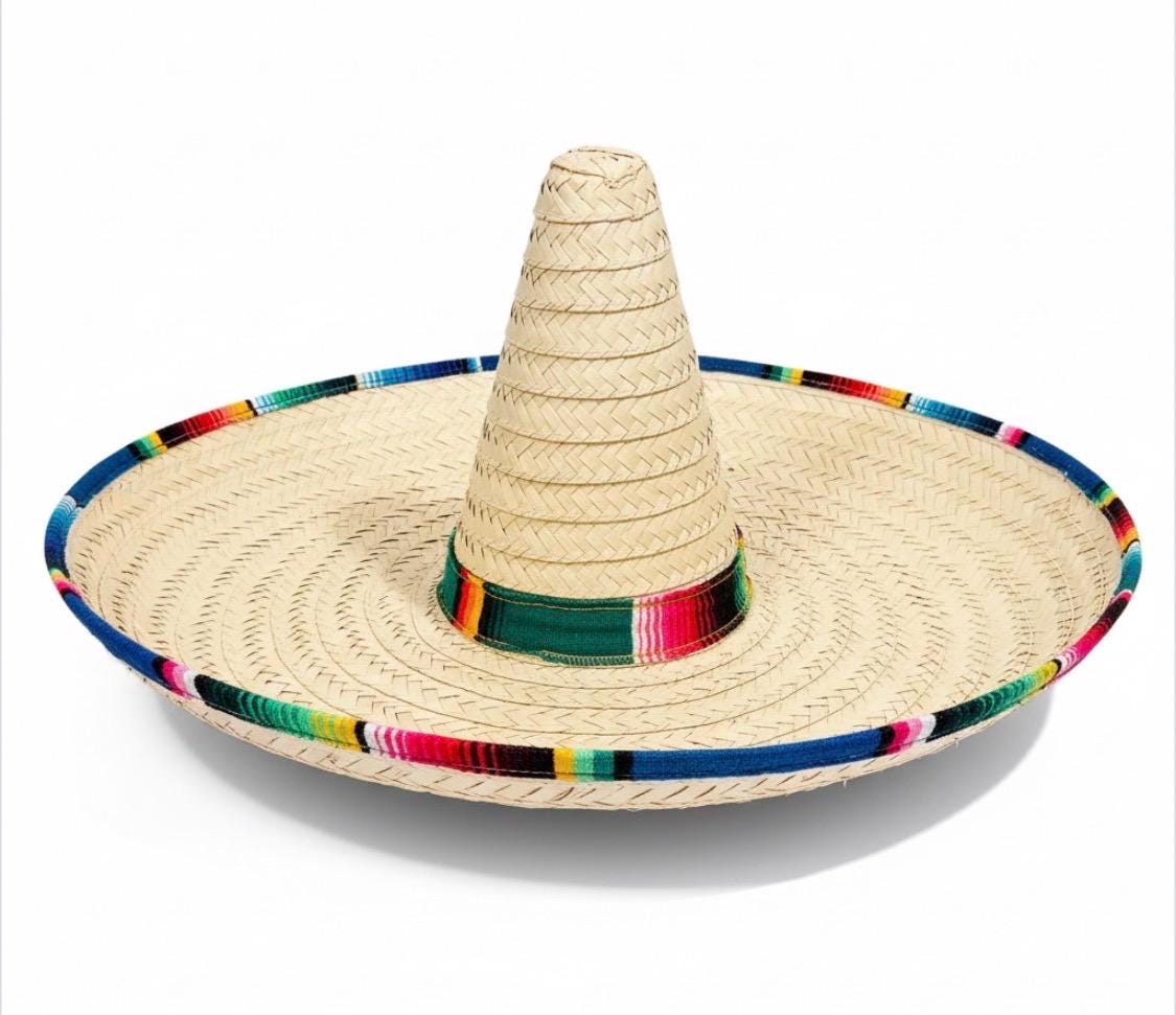 Mexican Extra Large Brim Straw Hat with Serape Trim Sombrero Tradicional Mexicano con Ribete de Sarape