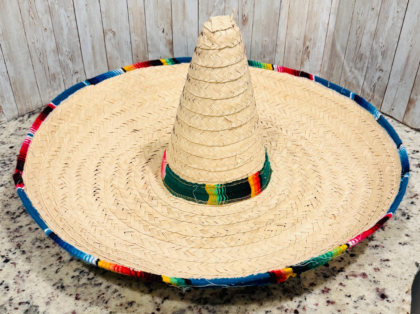 Mexican Extra Large Brim Straw Hat with Serape Trim Sombrero Tradicional Mexicano con Ribete de Sarape