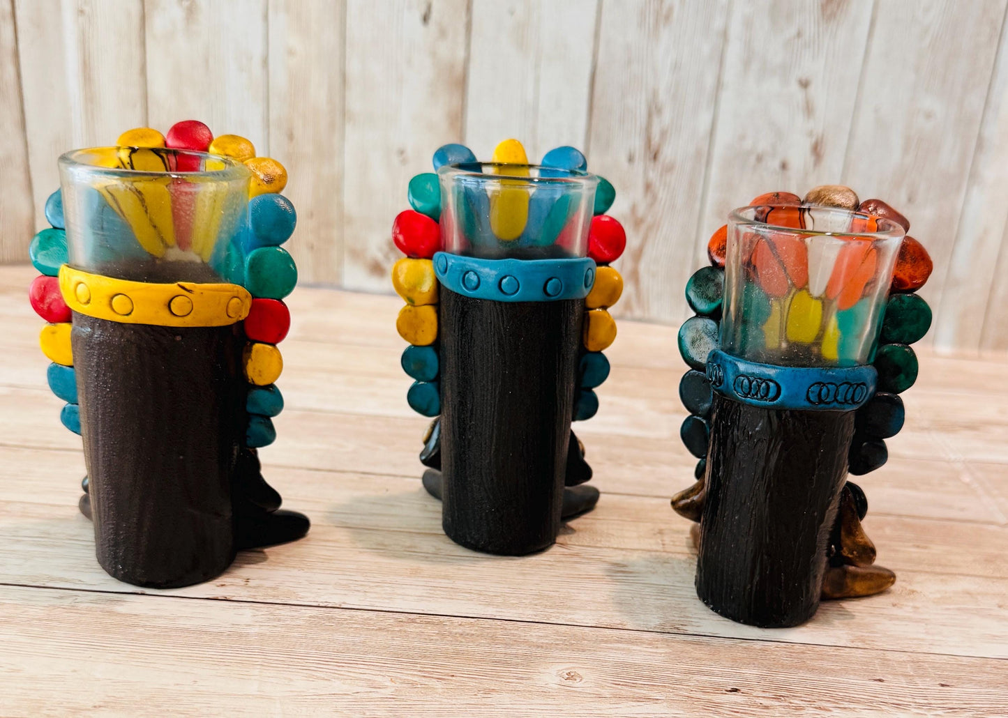 3 Mexican Ceramic Handcrafted Aztec Mayan Warrior Shot Glasses 3 Vasos Tequilero Mexicanos de Azteca Maya