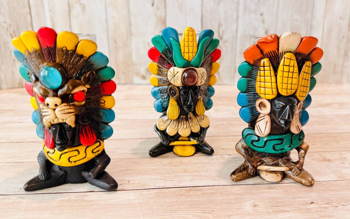 3 Mexican Ceramic Handcrafted Aztec Mayan Warrior Shot Glasses 3 Vasos Tequilero Mexicanos de Azteca Maya