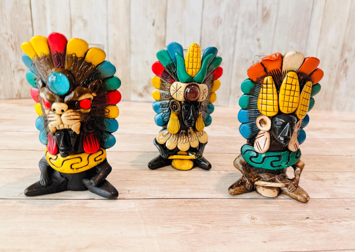 3 Mexican Ceramic Handcrafted Aztec Mayan Warrior Shot Glasses 3 Vasos Tequilero Mexicanos de Azteca Maya