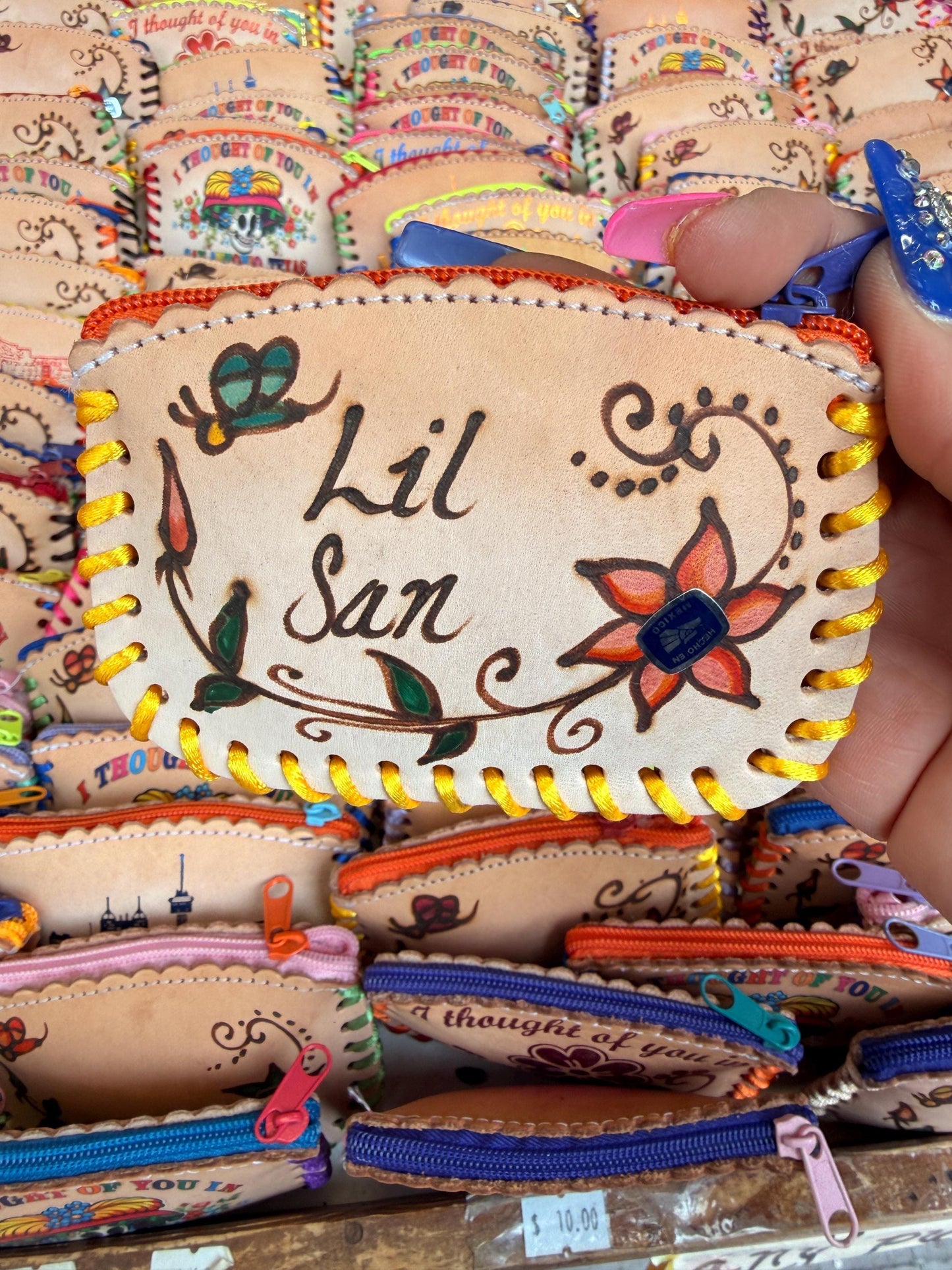 Mexican Custom Leather Name Coin Purse Choose Zipper Color Designs Vary Monedero Mexicano de Piel Artesanal Escoje Color de Cierre