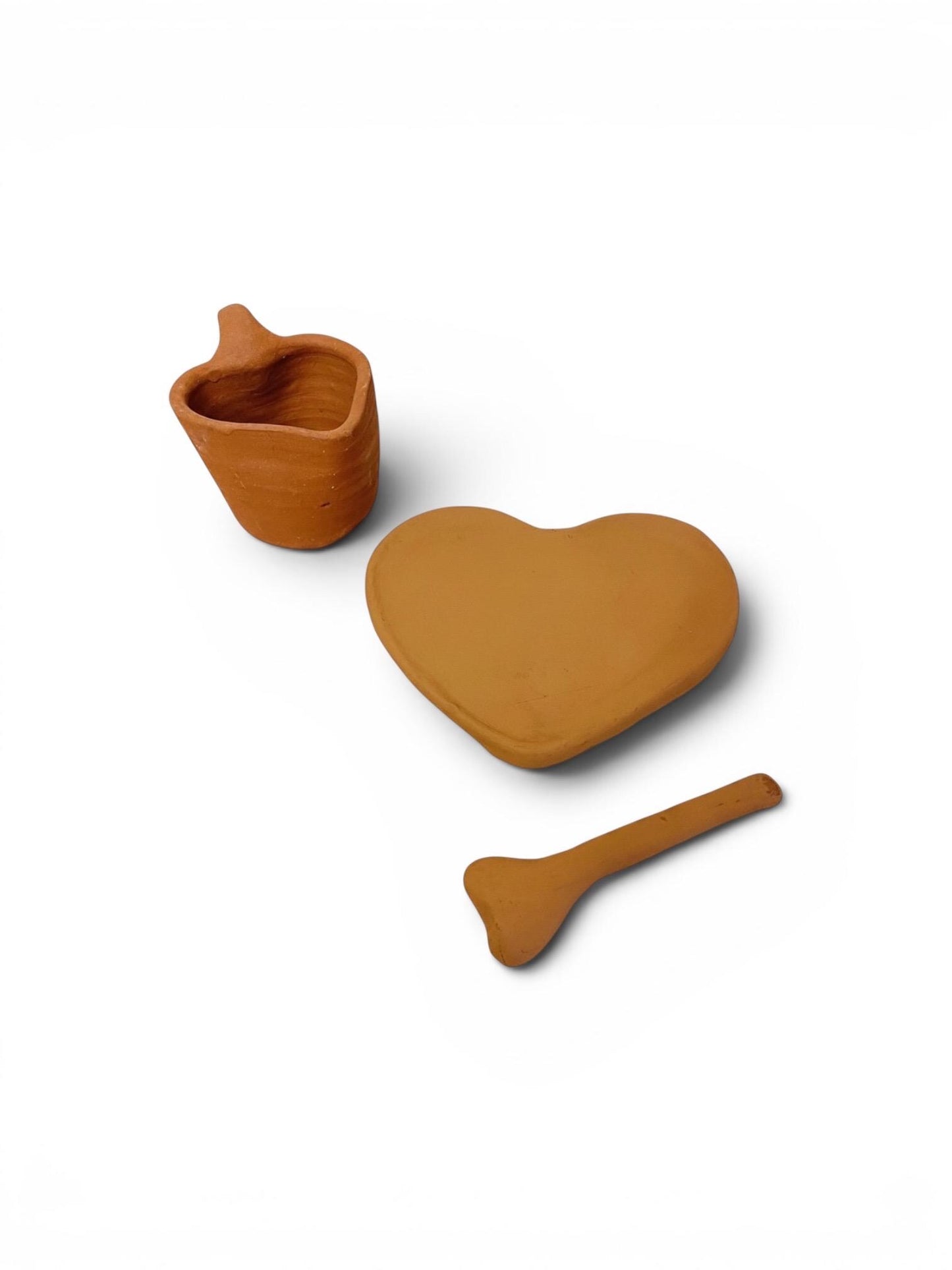 Mexican Red Terra Cota Heart Cup Mug with Heart Plate & Spoon Taza Plato y Cuchara de Corazon de Barro Rojo Mexicano