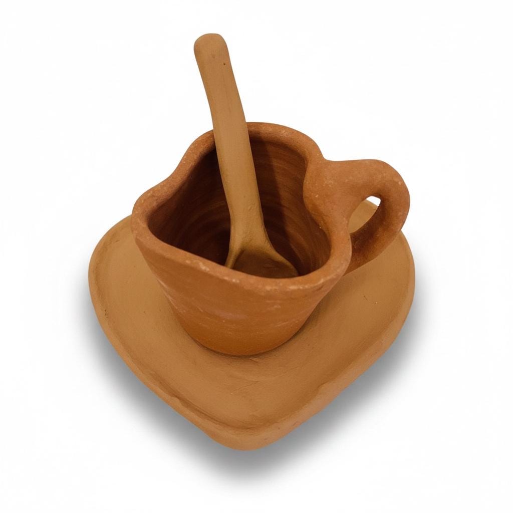 Mexican Red Terra Cota Heart Cup Mug with Heart Plate & Spoon Taza Plato y Cuchara de Corazon de Barro Rojo Mexicano