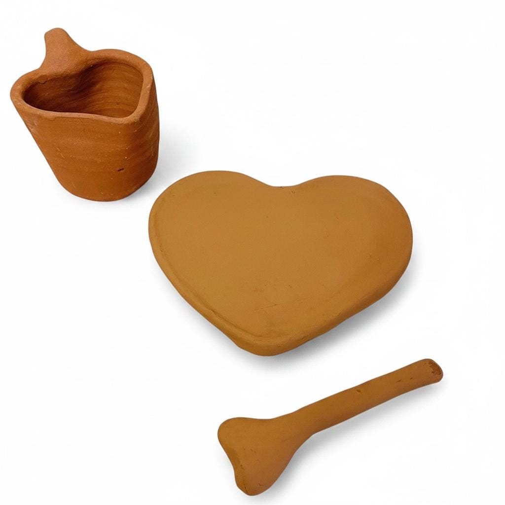 Mexican Red Terra Cota Heart Cup Mug with Heart Plate & Spoon Taza Plato y Cuchara de Corazon de Barro Rojo Mexicano