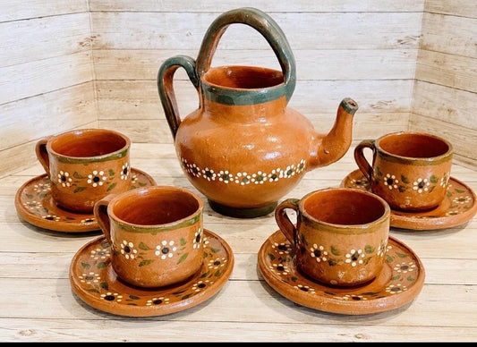 Handmade Mexican Clay Teapot Set Barro Mexicano Teapot with 2 Cups & Saucers Rustic Terracota Pottery Folk Art From Mexico Cafetera de Barro