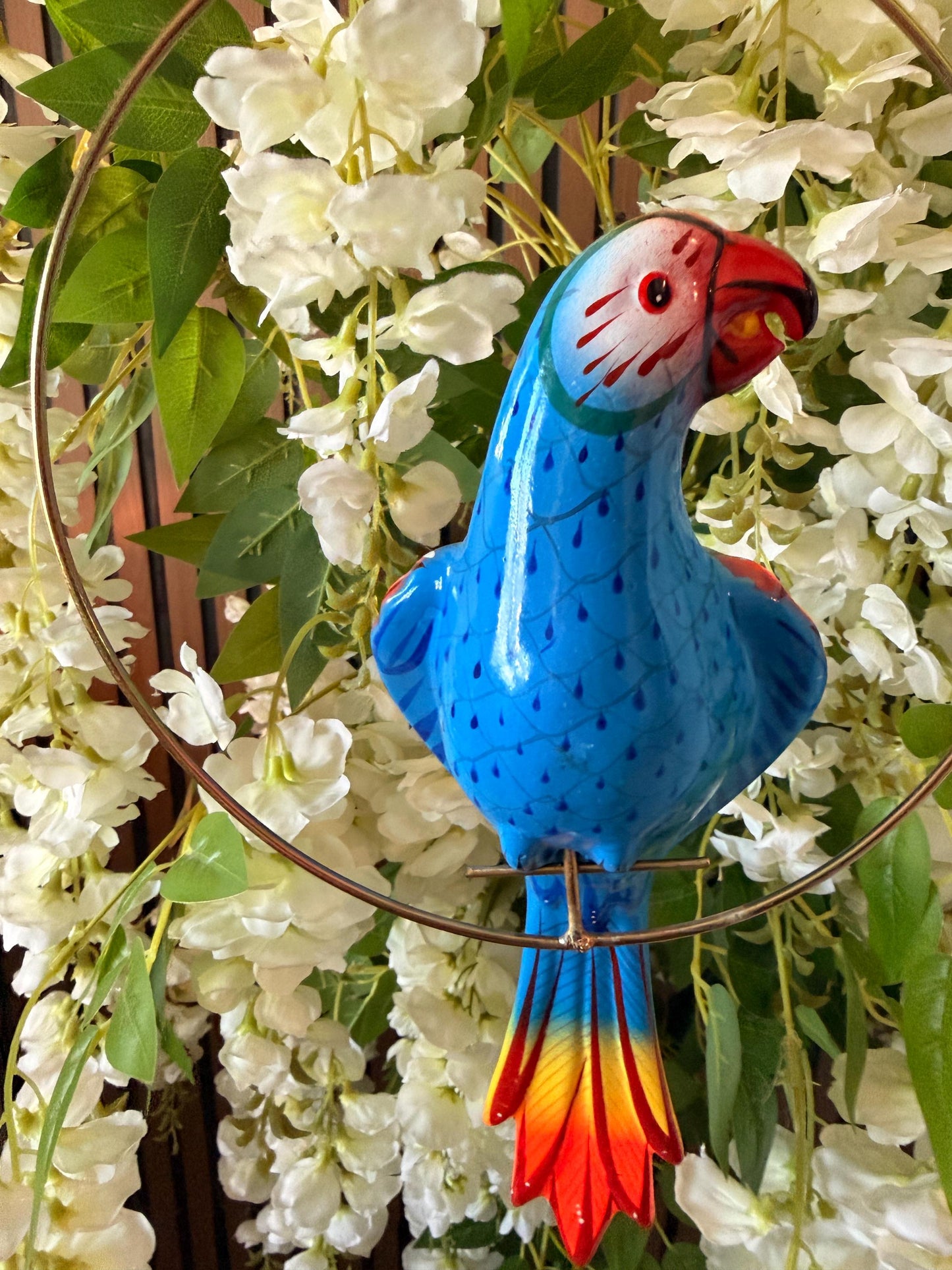 Hanging Exotic Bird in Ring Mexican Pottery Ceramic Pajaro De Cerámica