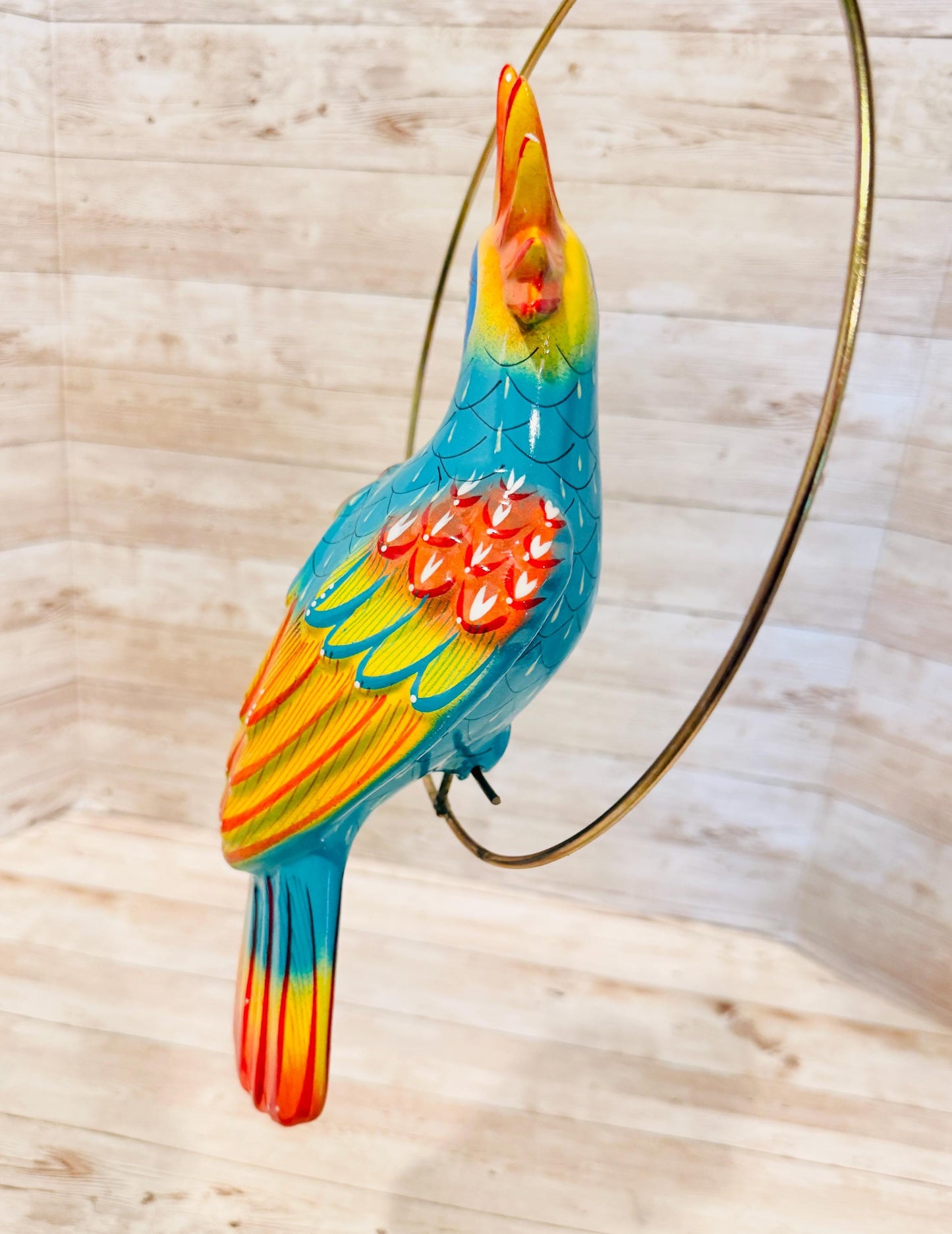 Hanging Exotic Bird in Ring Mexican Pottery Ceramic Pajaro De Cerámica