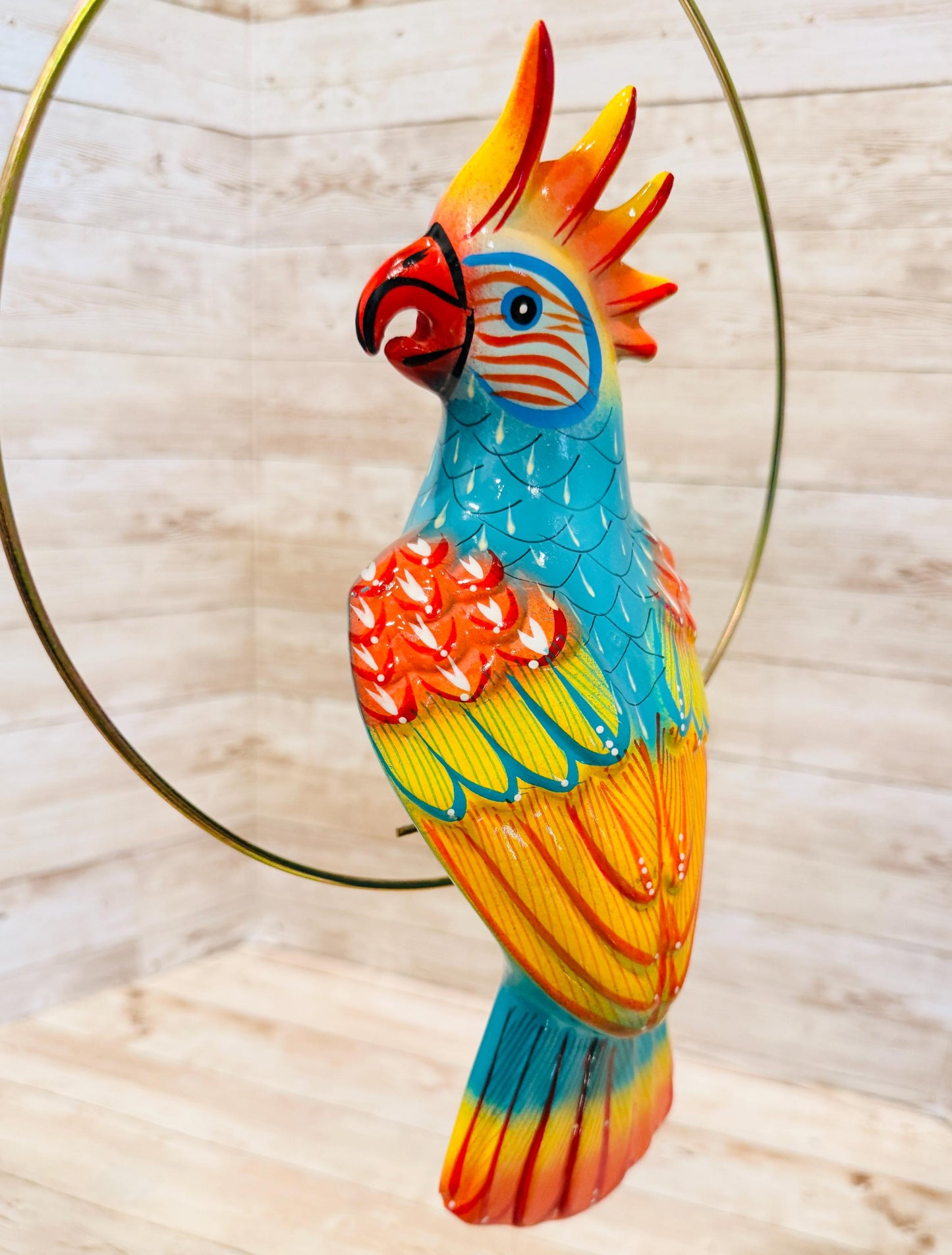 Hanging Exotic Bird in Ring Mexican Pottery Ceramic Pajaro De Cerámica