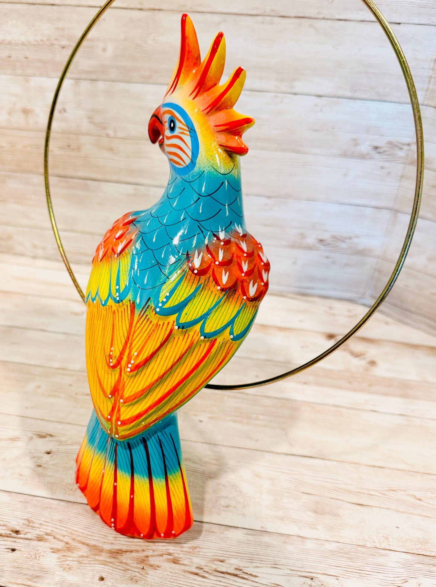 Hanging Exotic Bird in Ring Mexican Pottery Ceramic Pajaro De Cerámica