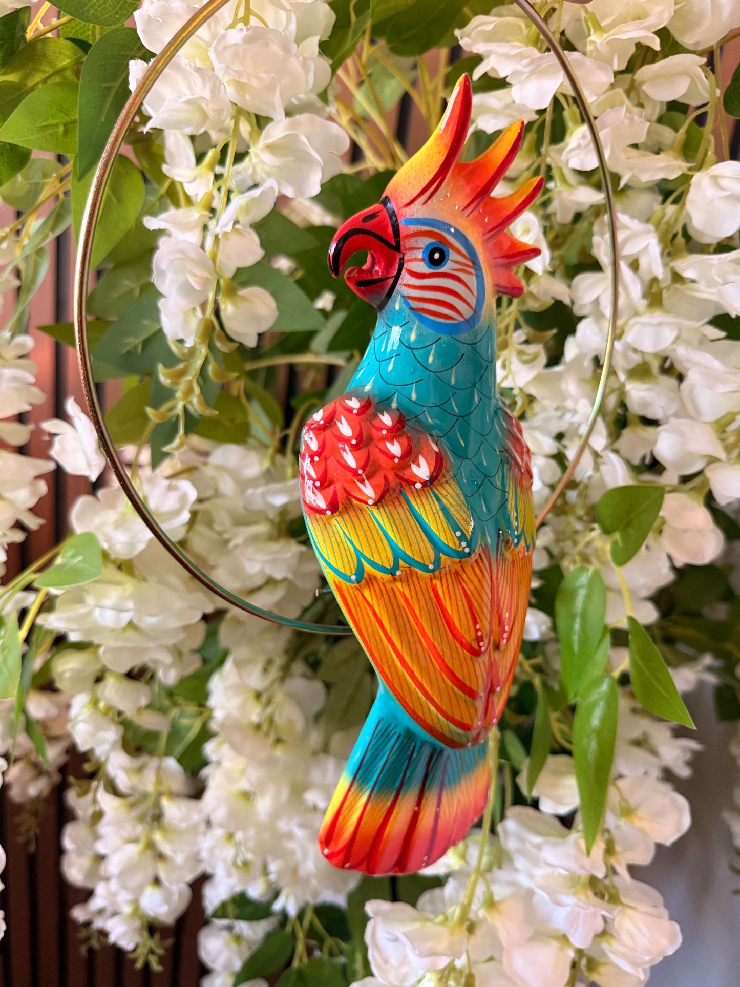 Hanging Exotic Bird in Ring Mexican Pottery Ceramic Pajaro De Cerámica