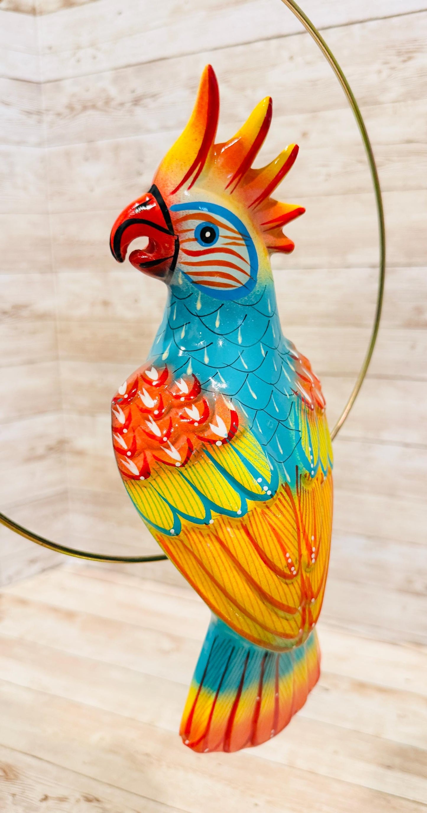 Hanging Exotic Bird in Ring Mexican Pottery Ceramic Pajaro De Cerámica