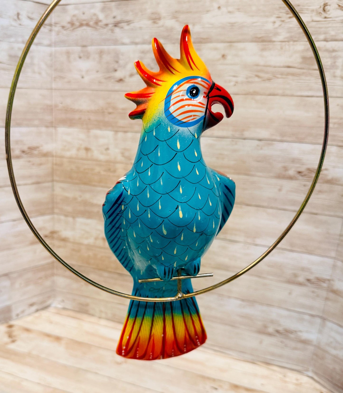Hanging Exotic Bird in Ring Mexican Pottery Ceramic Pajaro De Cerámica