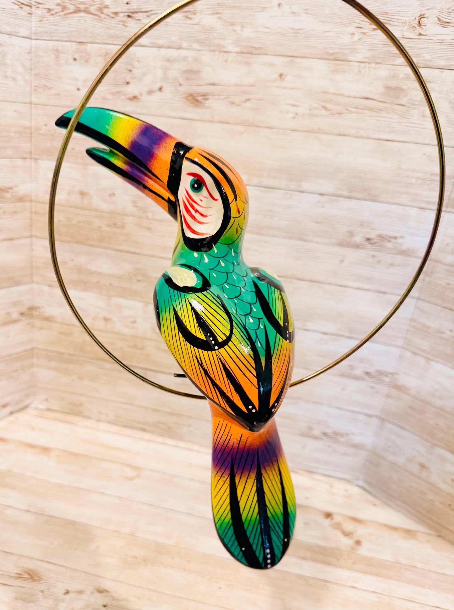 Hanging Exotic Toucan in Ring Mexican Pottery Ceramic Tucan oh  Pajaro Mexicano De Cerámica en Su Aro