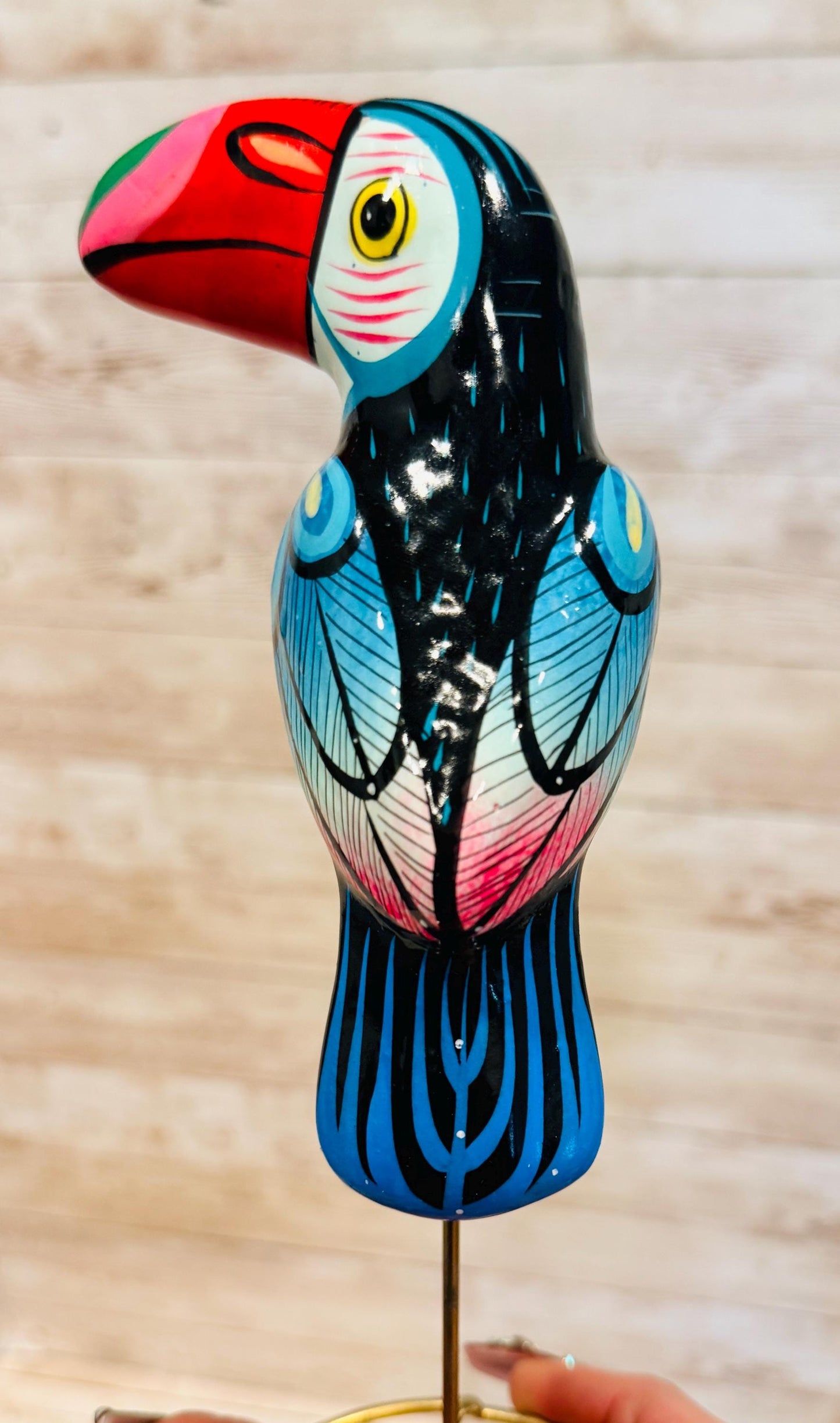 Hanging Exotic Bird in Ring Mexican Pottery Ceramic Pajaro De Cerámica