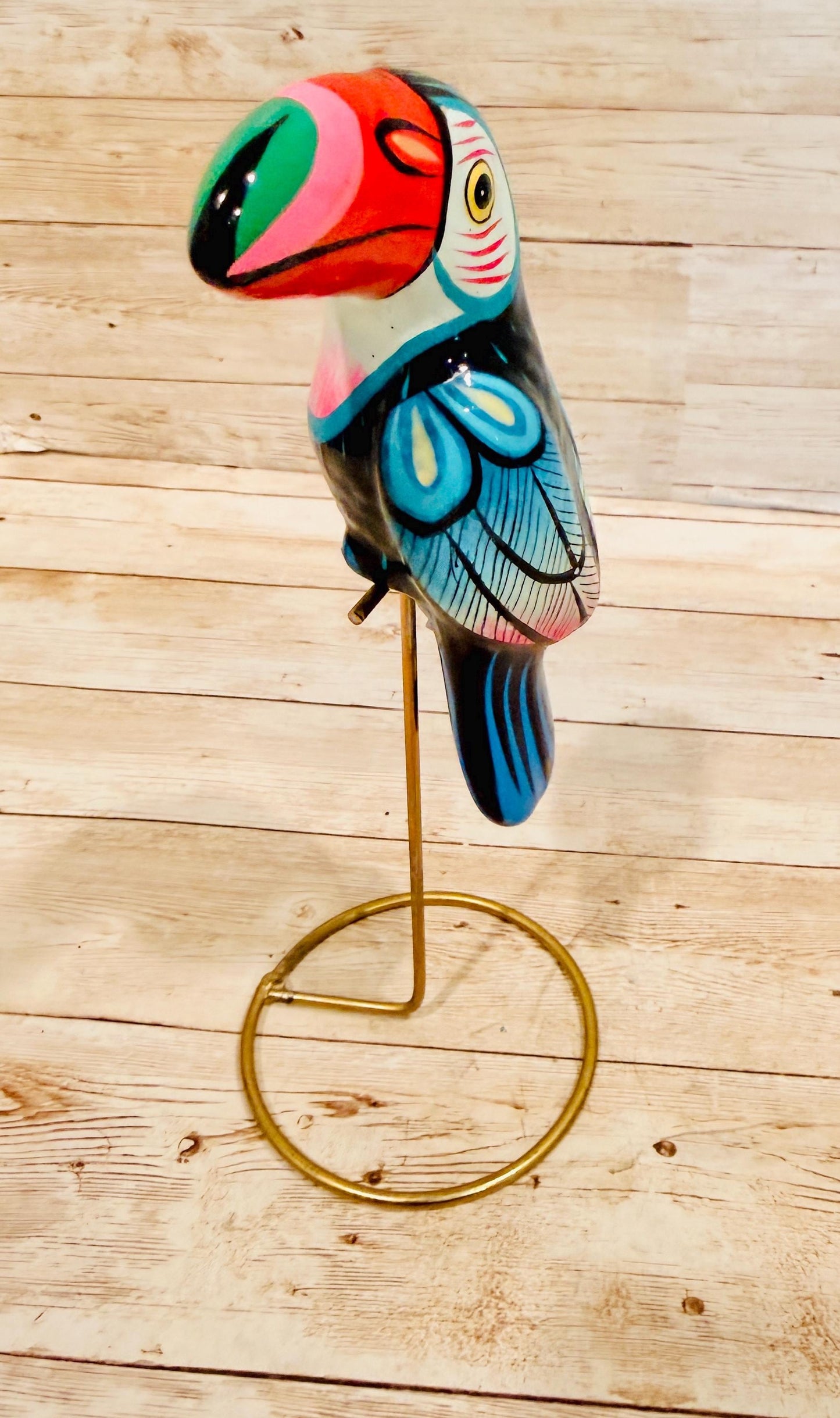 Hanging Exotic Bird in Ring Mexican Pottery Ceramic Pajaro De Cerámica