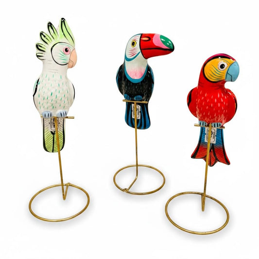 3 Hanging Exotic Birds in Ring Stand  Mexican Pottery Ceramic 3 Pajaros De Cerámica en Base