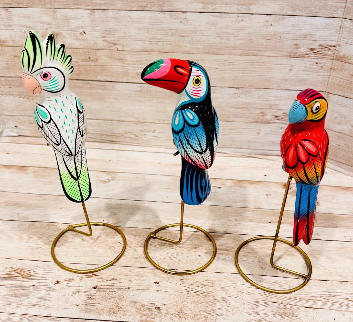 3 Hanging Exotic Birds in Ring Stand  Mexican Pottery Ceramic 3 Pajaros De Cerámica en Base