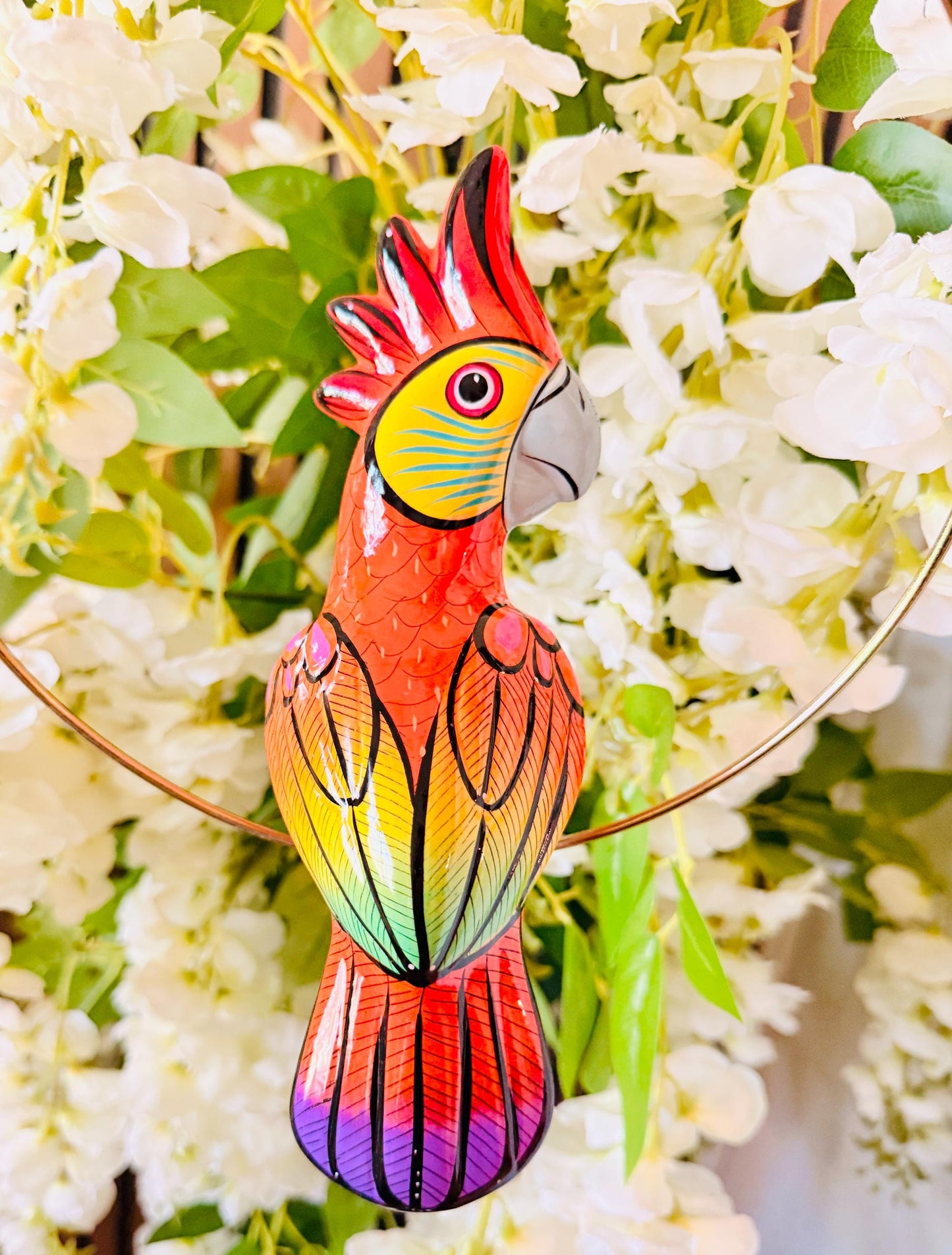 Hanging Exotic Bird in Ring Mexican Pottery Ceramic Pajaro Mexicano De Cerámica en Su Aro