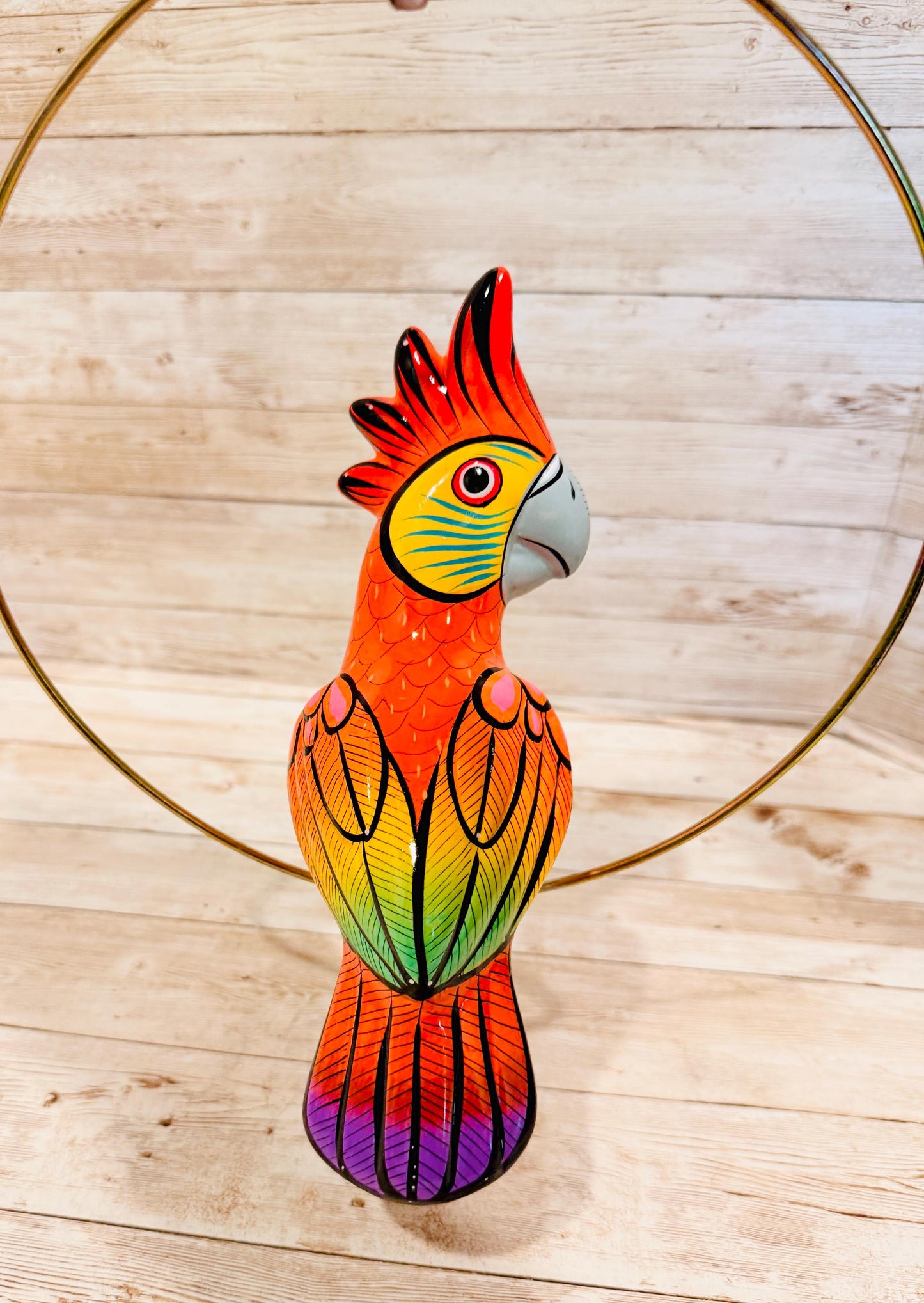 Hanging Exotic Bird in Ring Mexican Pottery Ceramic Pajaro Mexicano De Cerámica en Su Aro