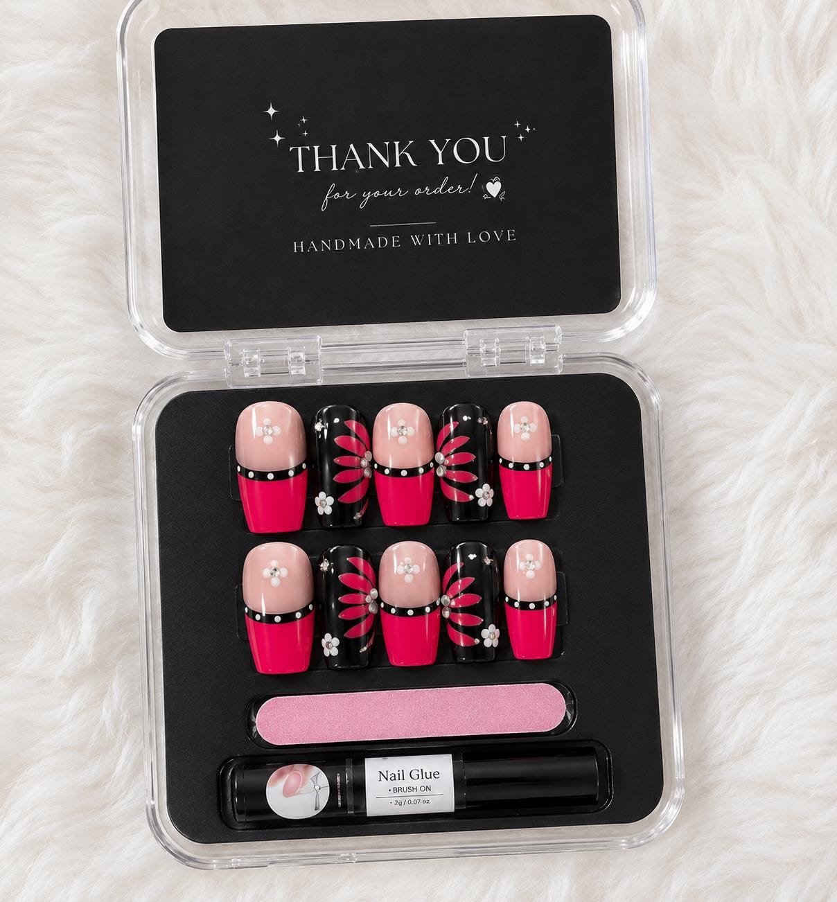Pink Black Floral Press On Nails & Toes Set Handmade Custom Matching Nail Set Reusable Glossy Nails