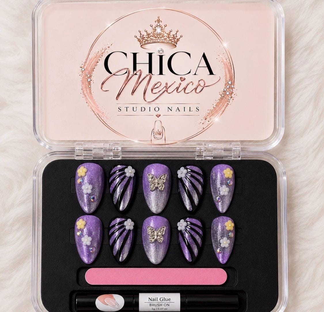 Purple Butterfly Press On Nails Glitter Lavender Black Swirl 3D Flower Rhinestone Handmade Luxury Press On Nails Size Medium
