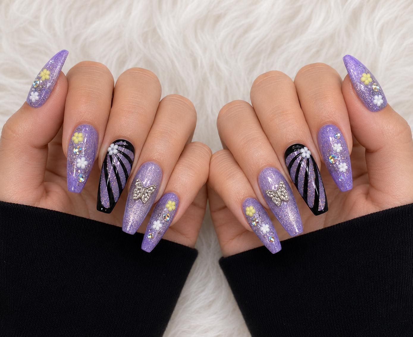 Purple Butterfly Press On Nails Glitter Lavender Black Swirl 3D Flower Rhinestone Handmade Luxury Press On Nails Size Medium