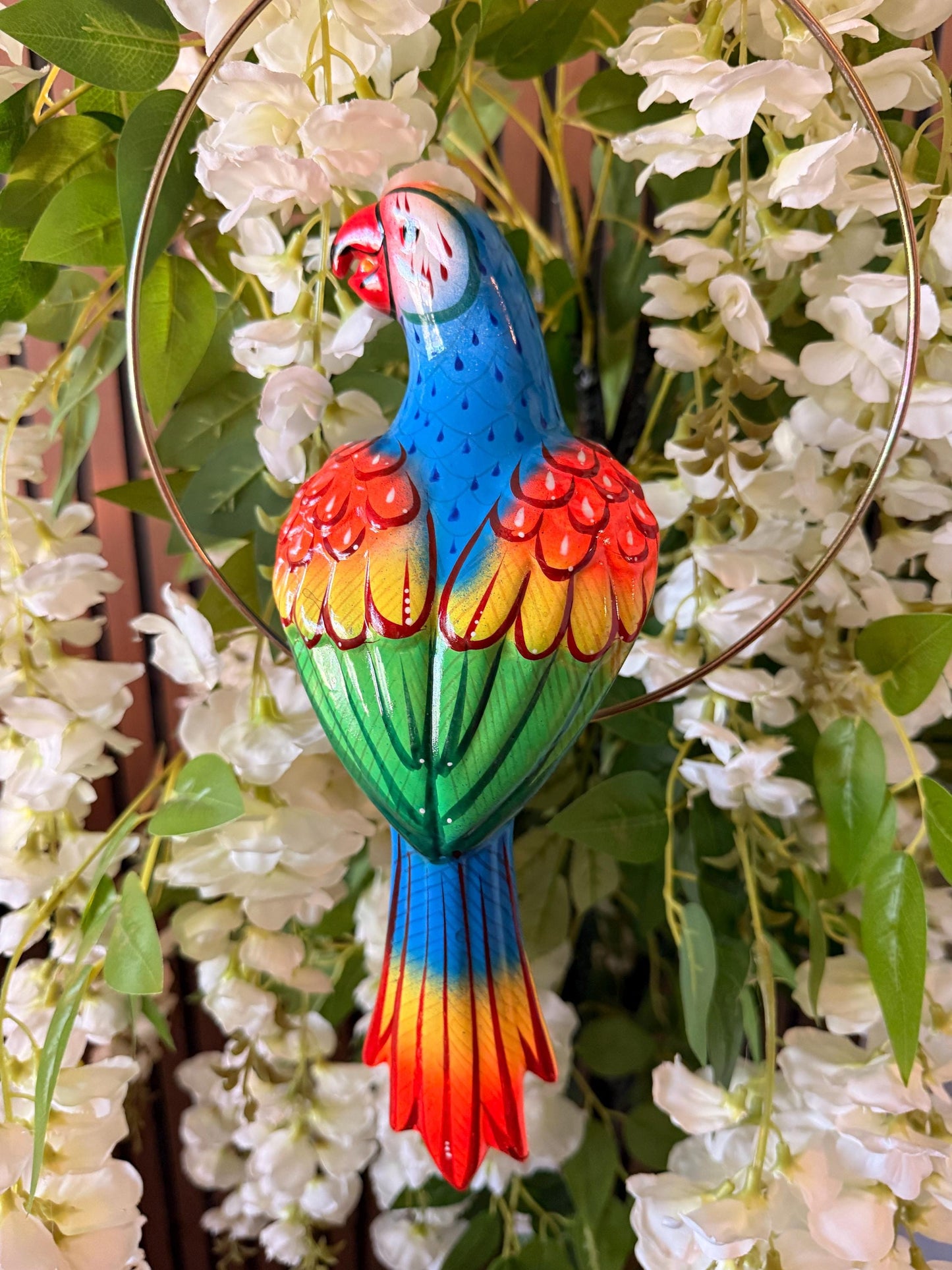 Hanging Exotic Bird in Ring Mexican Pottery Ceramic Pajaro De Cerámica