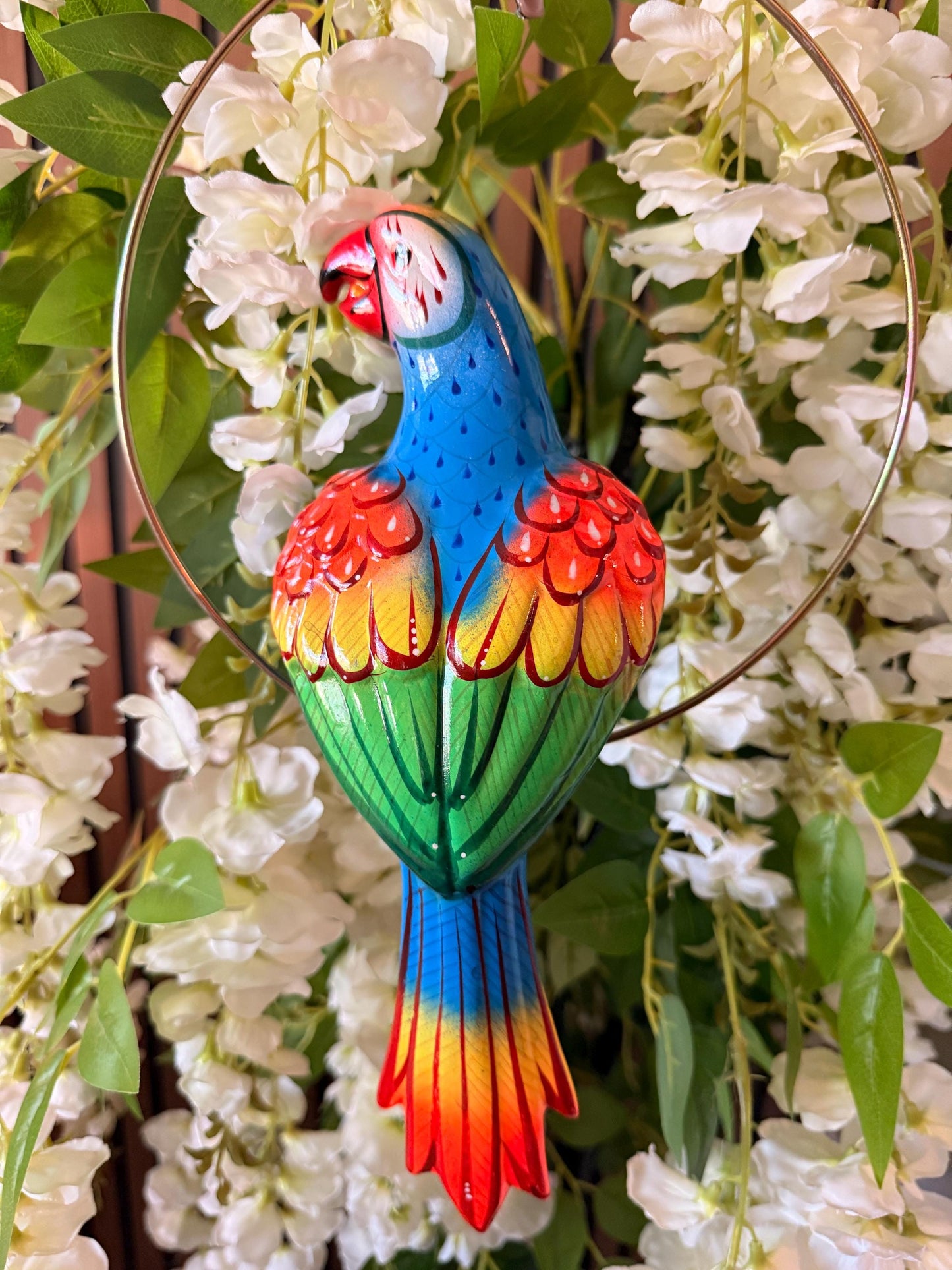 Hanging Exotic Bird in Ring Mexican Pottery Ceramic Pajaro De Cerámica
