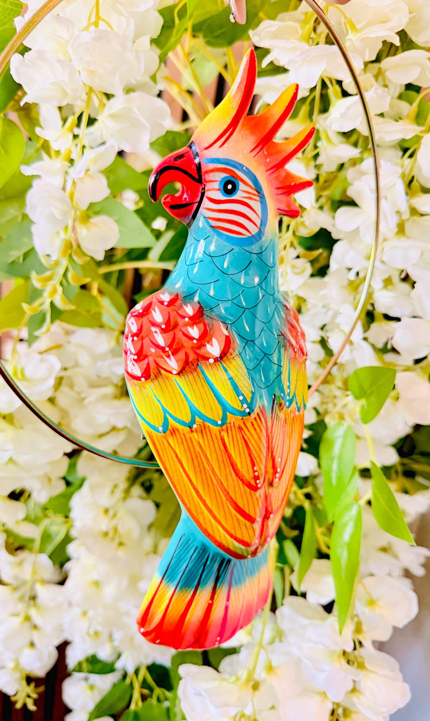 Hanging Exotic Bird in Ring Mexican Pottery Ceramic Pajaro De Cerámica
