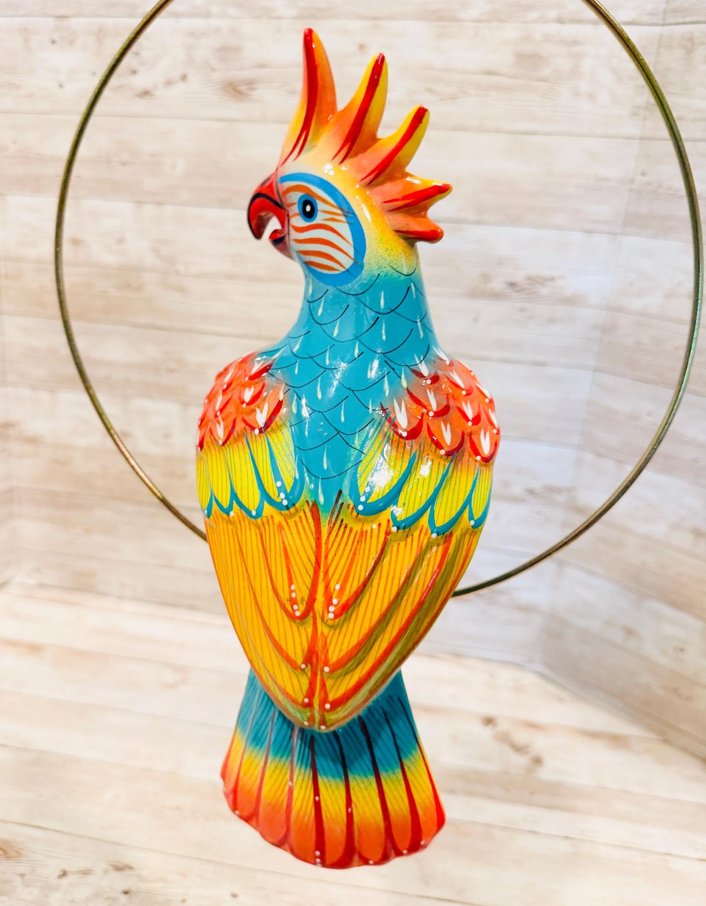 Hanging Exotic Bird in Ring Mexican Pottery Ceramic Pajaro De Cerámica