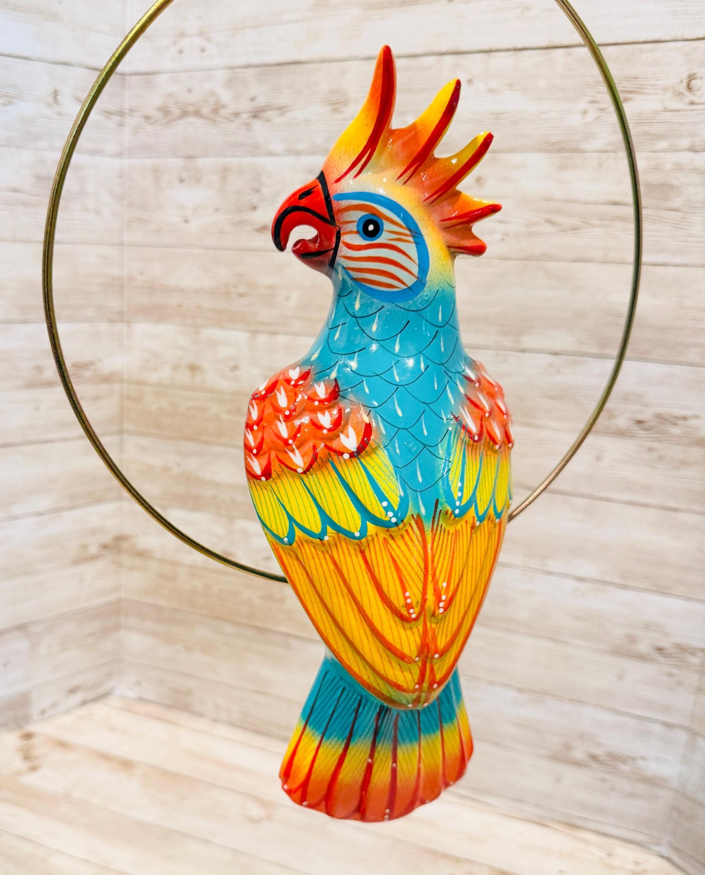Hanging Exotic Bird in Ring Mexican Pottery Ceramic Pajaro De Cerámica