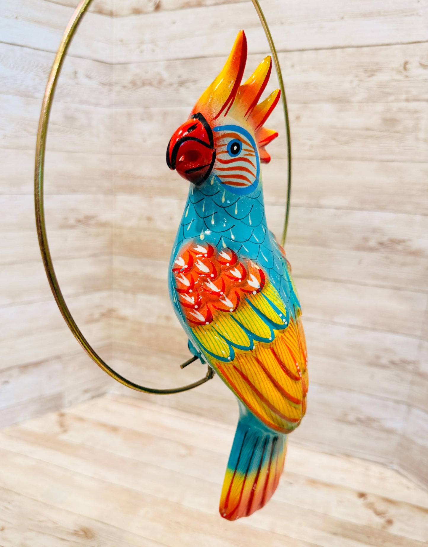 Hanging Exotic Bird in Ring Mexican Pottery Ceramic Pajaro De Cerámica